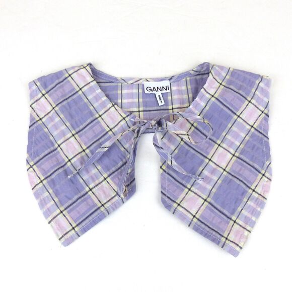 Ganni Collar Tie Neck Seersucker Check Diamond Purple Plaid One Size Cottage - Picture 1 of 12